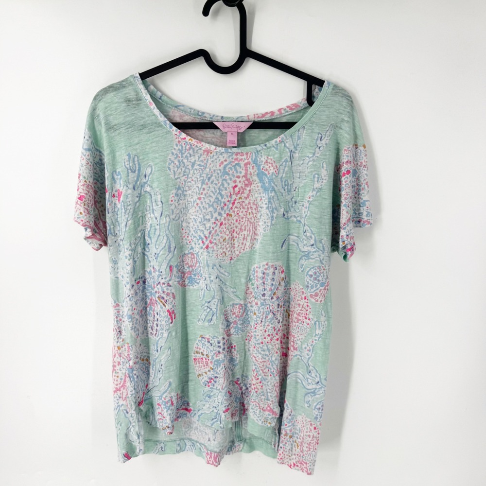 Lilly Pulitzer Mikela Medium Mint Green Coral Sea Life Print Slub Knit‎ T-Shirt